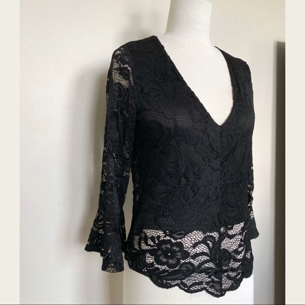 Black Floral Lace Top with Bell Sleeve NWOT